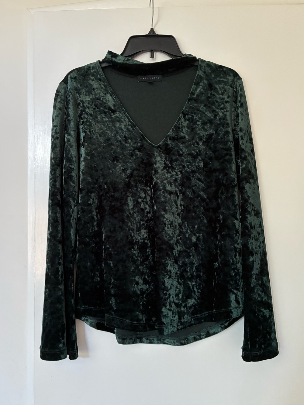 Sanctuary Dark Green Velvet V-Neck Long-Sleeve Top with Choker Design